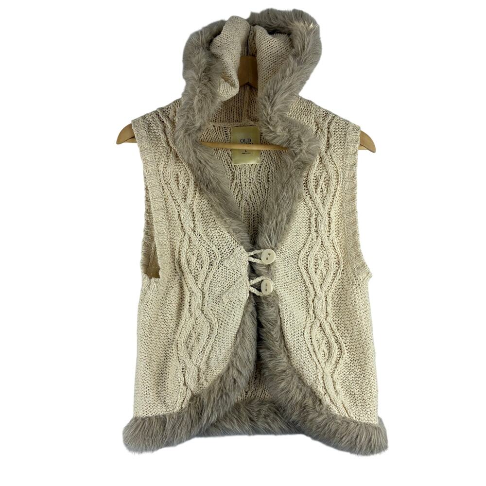 Vtg Y2K Old Navy Cableknit Sweater Cardigan Vest Hooded Faux Fur Trim Womn Large